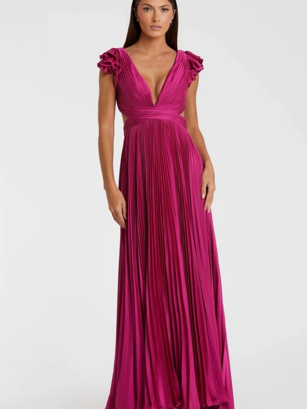 Fuchsia Pleated V-Neck Maxi Dress with Ruffle Cap Sleeves
